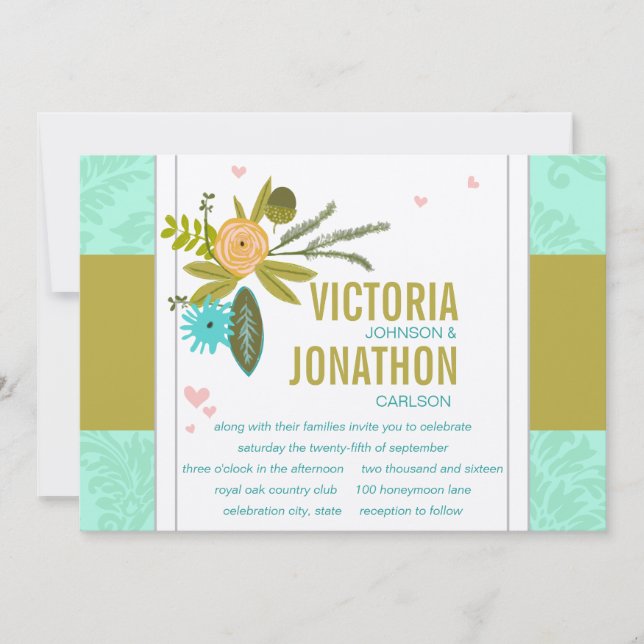 Modern Mint Damask Wedding Inbjudan (Framsida)