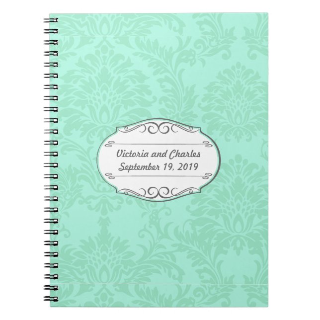 Modern Mint Damask Wedding Inbjudan Anteckningsbok Med Spiral (Framsidan)