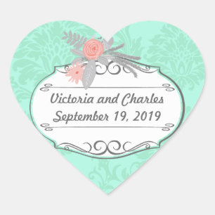 Modern Mint Damask Wedding Inbjudan Hjärtformat Klistermärke