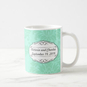Modern Mint Damask Wedding Inbjudan Kaffemugg