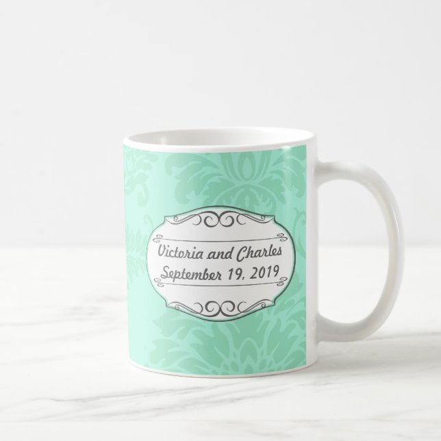 Modern Mint Damask Wedding Inbjudan Kaffemugg (Höger)
