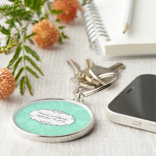 Modern Mint Damask Wedding Inbjudan Rund Silverfärgad Nyckelring