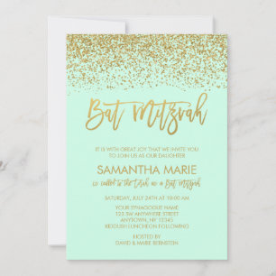 Modern Mint Faux Guld Glitter Bat mitzvah Inbjudningar