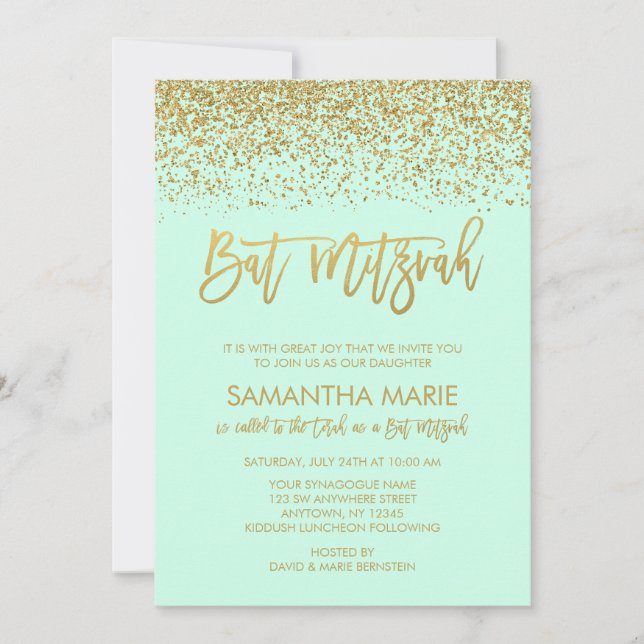 Modern Mint Faux Guld Glitter Bat mitzvah Inbjudningar (Framsida)