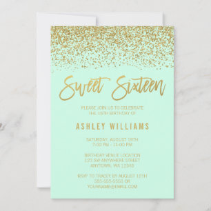 Modern Mint Faux Guld Glitter Sweet 16 Birthday Inbjudningar