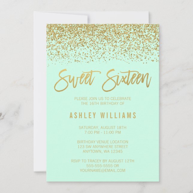 Modern Mint Faux Guld Glitter Sweet 16 Birthday Inbjudningar (Framsida)