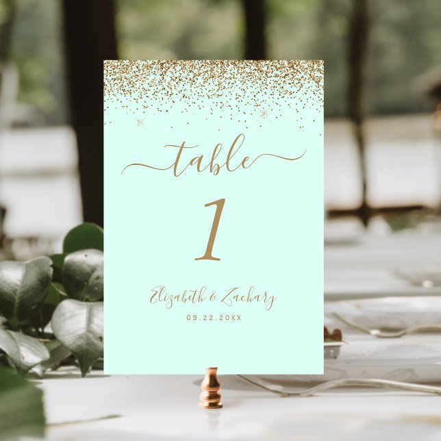 Modern Mint Green Gold Glitter Edge Wedding Bordsnummer (Skapare uppladdad)