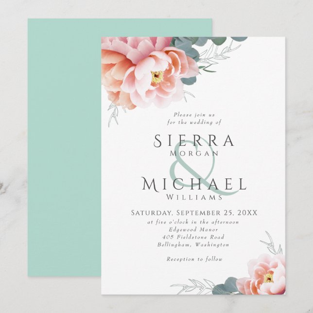 Modern Mint Grönt Blommigt  Rosa Peach Bröllop Inbjudningar (Fram/baksida)
