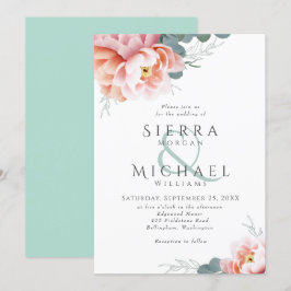 Modern Mint Grönt Blommigt  Rosa Peach Bröllop Inbjudningar