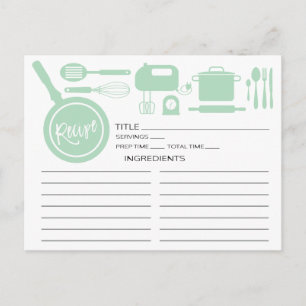 Modern Mint Grönt Kitchen Utensils Recept Card Vykort