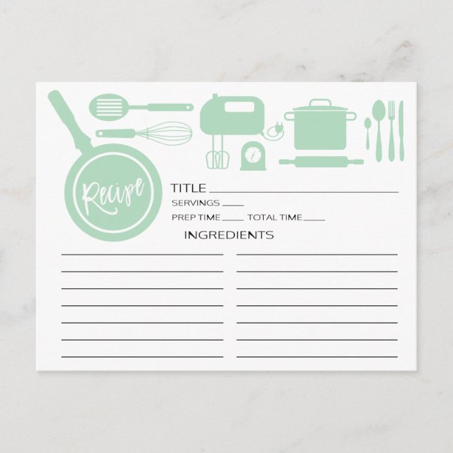 Modern Mint Grönt Kitchen Utensils Recept Card Vykort (Framsida)