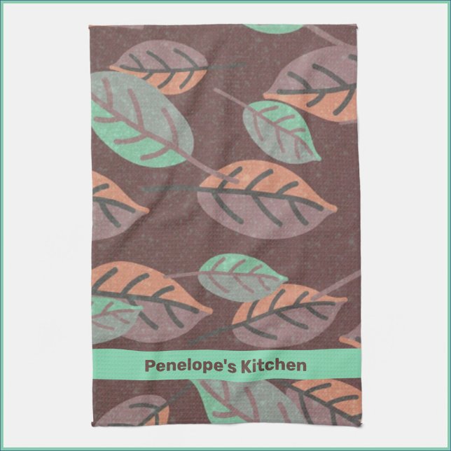 Modern Mint Grönt Orange and Lila Löv Kökshandduk (Skapare uppladdad)