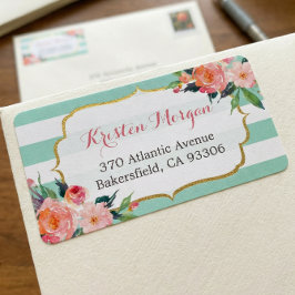 Modern Mint Grönt Rand Watercolor Rosa Blommigt Adressetikett