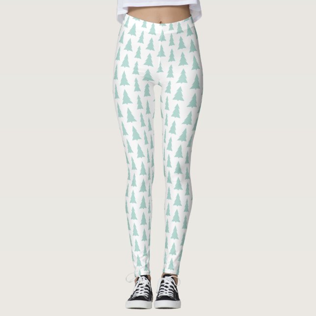 Modern Mint Grönt Träd på Vit geometrisk Mönster Leggings (Framsida)
