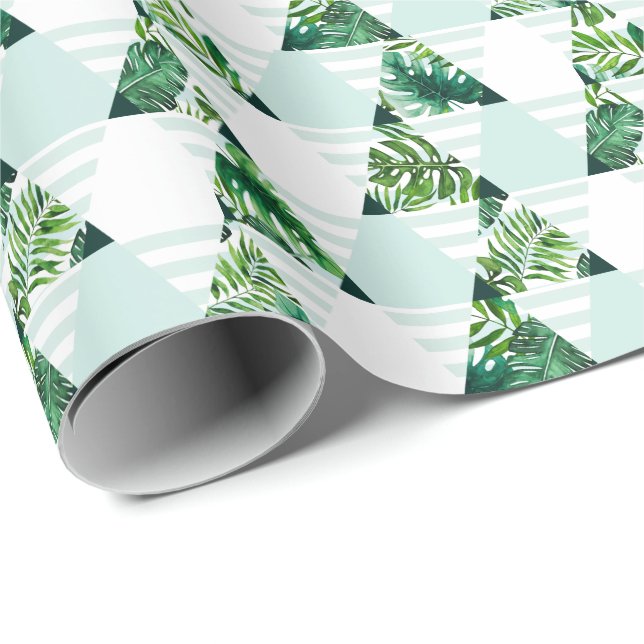 Modern Mint-Grönt Tropical Triangles Mönster Presentpapper (Rullad Hörn)