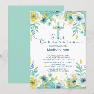 Modern Mint Guld Blommigt First Heliga Communion Inbjudningar