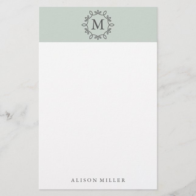 Modern Mint Monogrammed Stationery Brevpapper (Framsida)