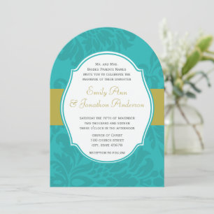 Modern Mint och Chartreuse Damask Wedding Inbjudan