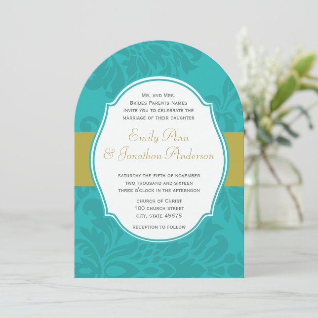 Modern Mint och Chartreuse Damask Wedding Inbjudan (Stående Fram)