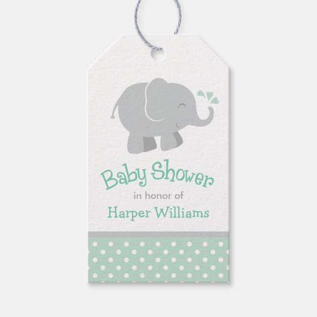 Modern Mint och Grått Elephant Baby Shower Presentetikett (Framsidan)