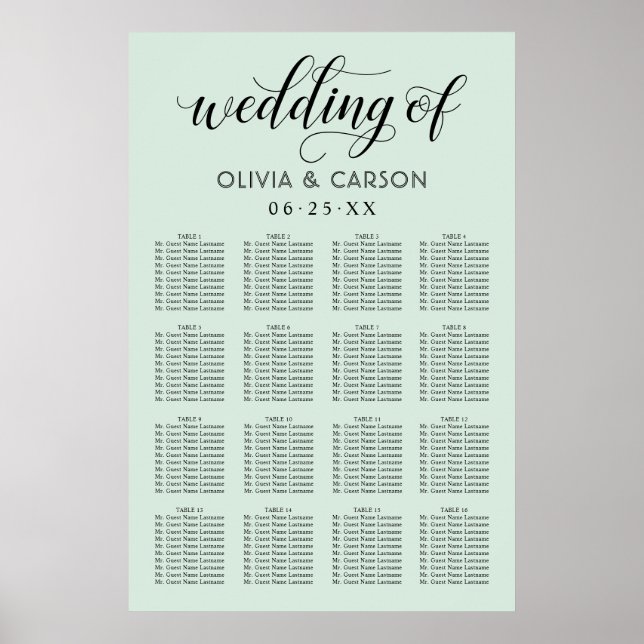Modern mint- och svart bröllop med script poster (Framsidan)
