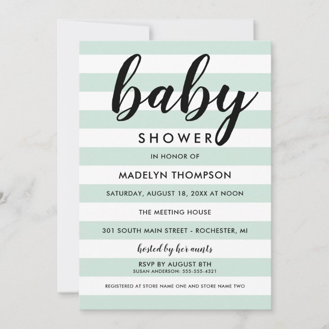 Modern mint-randig script babyfest inbjudningar (Framsida)