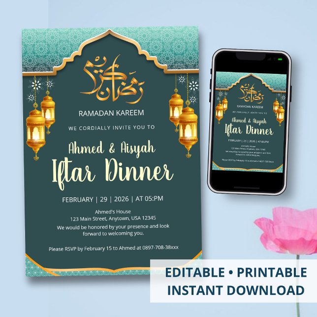 Modern mintgrön och guld festlig Ramadan Iftar Inbjudningar (Skapare uppladdad)