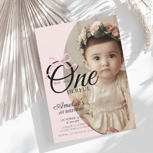 Modern miss Onederful Rosa Bow Foto 1:a födelsedag Inbjudningar