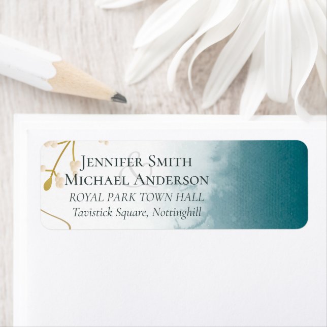 Modern Misty Blue Guld Bröllop Returadress Etikett (Insitu)