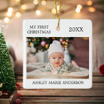 Modern mitt första julfoto i Baby Julgransprydnad Keramik<br><div class="desc">Modern Elegant Min första julprydnad - Foton Baby på framsidan och baksidan</div>