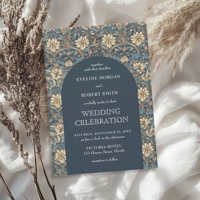 Modern mjölig pastellblå elfenbensblå blommigt Art Inbjudningar (Modern muted pastel blue ivory floral Art Nouveau Invitation)