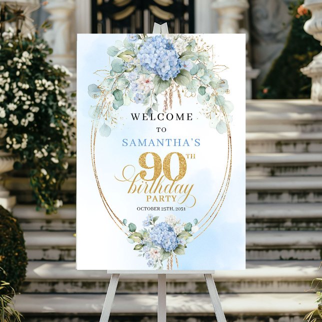 Modern Mjuk Blå Blommig Guld 90-års Födelsedagsväl Poster (Modern Soft Blue Floral Gold 90th Birthday Welcome)