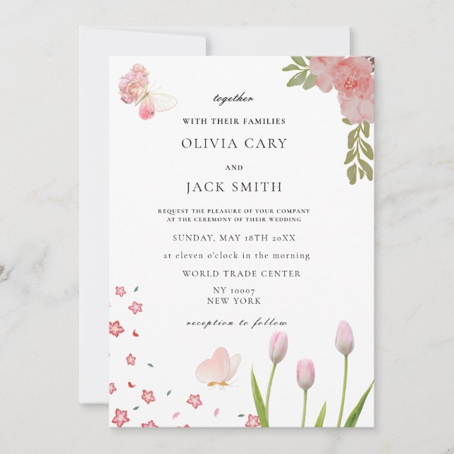 Modern mjuk blommigt för rosa och fjäril Sommar Br Inbjudningar (Framsida)