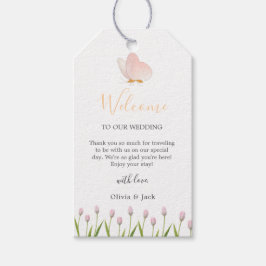 Modern mjuk blommigt för rosa och fjäril Sommar Br Presentetikett