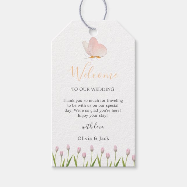 Modern mjuk blommigt för rosa och fjäril Sommar Br Presentetikett (Framsidan)