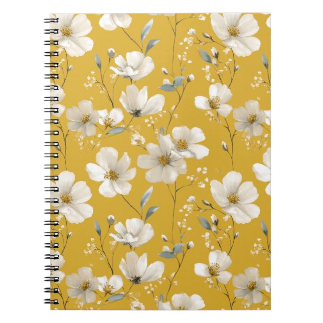 Modern mjuk gul blomma vit blommig mönster anteckningsbok (Framsidan)