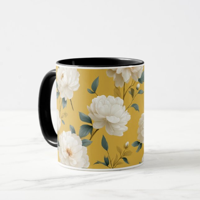 Modern mjuk gul blomma vit blommig mönster mugg (Framsida vänster)