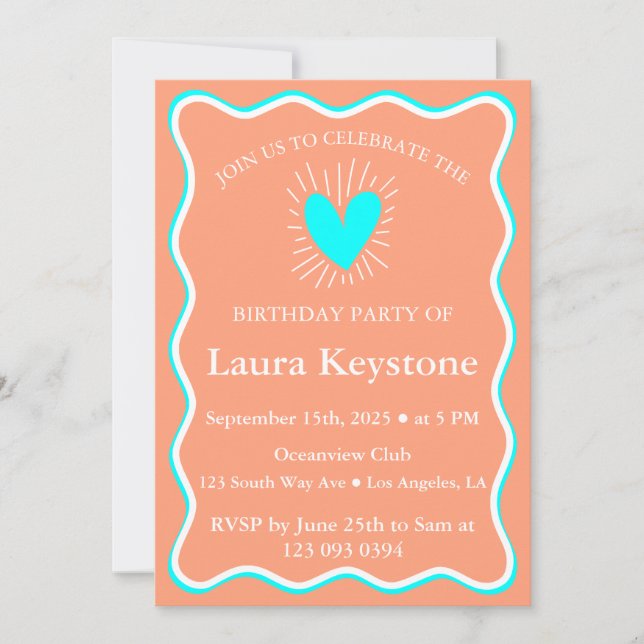 Modern mjuk Orange, Aqua & White Birthday Inbjudningar (Framsida)