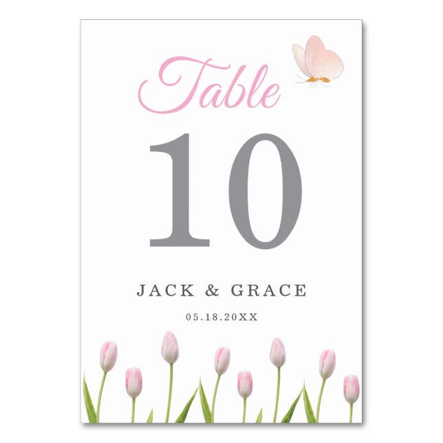 Modern mjuk rosa blomster & fjäril Sommar Bröllop Bordsnummer (Framsidan)