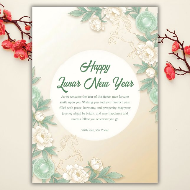 Modern Mjuk Salvia & Pion Lunar Nyår 2026 Julkort (Elegant Jade Green Year of the Horse 2026 Lunar New Year Card)