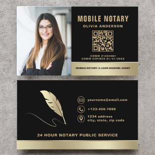 Modern Mobile Notary Photo QR Code Black Guld Visitkort