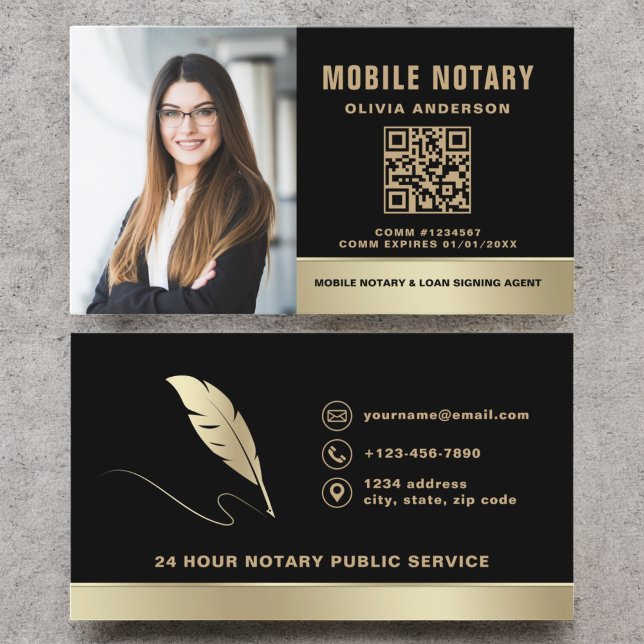 Modern Mobile Notary Photo QR Code Black Guld Visitkort (Skapare uppladdad)