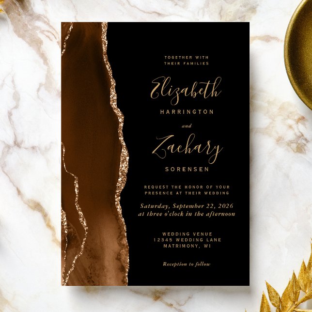 Modern Mocha Brun Guld Agat Mörk Bröllop Inbjudningar (Skapare uppladdad)