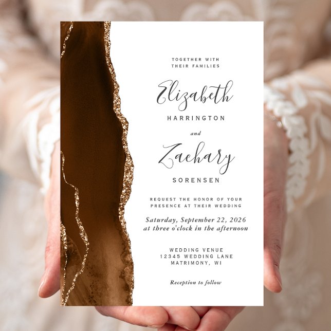 Modern Mocha Brun Guld Agat Vigselring Inbjudningar (Skapare uppladdad)
