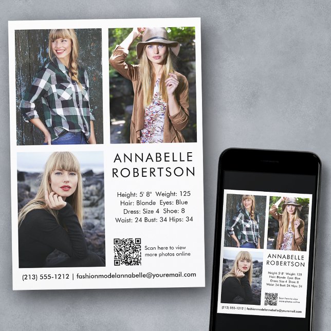 Modern modell Actor 3 Foton QR-kodkompositionskort Inbjudningar (Customize to change background color, text size, style or to add more photos to back of card.)