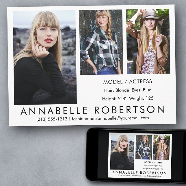 Modern modell Actor 3 Photos Comp Card Inbjudningar (Customize to change background color, text size, style or to add more photos to back of card.)