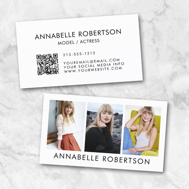 Modern modell och Actor 3-fotoQR-kod Visitkort (Customize to change background color, text size or style. Add your social media to QR scan code.)