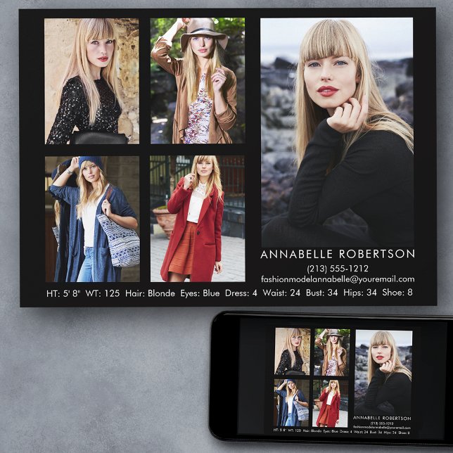 Modern modell och Actor 5 Photos Comp Card Inbjudningar (Customize to change background color, text size, style or to add more photos to back of card.)
