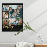 Modern modern fotokollage för familj poster<br><div class="desc">Elegant modernt familjeritskript med handskrivet calligraphy-skript med sex anpassningsbar svart guld keepsaké poster mall.               Observera att bakgrunden till färg kan ändras. Du kan ersätta svart med valfritt färg efter att ha valt alternativet CUSTOMIZE.</div>