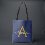 Modern modern marin blå Guld Namn Tygkasse<br><div class="desc">Navy Blue and Guld Elegant Add Your Oown Namn Monogram Bok Bag. Denna Bok-bag kan anpassas så att den omfattar ditt första och första namn och ges som julklapp,  Sverige 16 födelsedagar,  Möhippa eller Bröllop.</div>